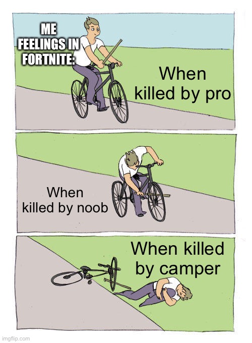 Bike Fall | ME FEELINGS IN FORTNITE:; When killed by pro; When killed by noob; When killed by camper | image tagged in memes,bike fall | made w/ Imgflip meme maker