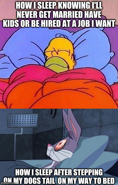 What's really important |  HOW I SLEEP KNOWING I'LL NEVER GET MARRIED HAVE KIDS OR BE HIRED AT A JOB I WANT; HOW I SLEEP AFTER STEPPING ON MY DOGS TAIL  ON MY WAY TO BED | image tagged in homer simpson sleeping peacefully,bugs bunny can't sleep | made w/ Imgflip meme maker