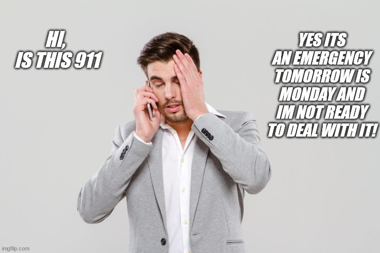 FUNNY | YES ITS AN EMERGENCY TOMORROW IS MONDAY AND IM NOT READY TO DEAL WITH IT! HI,
 IS THIS 911 | image tagged in mondays,hate,help | made w/ Imgflip meme maker