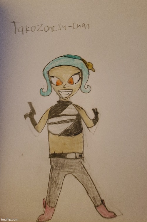 I drew takozonesu-chan's oc | image tagged in i didnt know how to draw a mini,splatling so i gave her a glock,instead | made w/ Imgflip meme maker