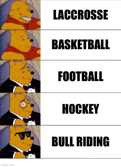 Winnie the Pooh v.20 | LACCROSSE; BASKETBALL; FOOTBALL; HOCKEY; BULL RIDING | image tagged in winnie the pooh v 20 | made w/ Imgflip meme maker
