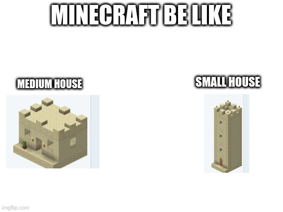 Blank White Template | MINECRAFT BE LIKE; SMALL HOUSE; MEDIUM HOUSE | image tagged in blank white template | made w/ Imgflip meme maker