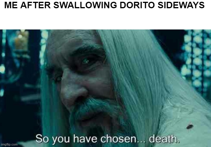 Go commit swallow doritio verticaly | ME AFTER SWALLOWING DORITO SIDEWAYS | image tagged in so you have chosen death,doritos | made w/ Imgflip meme maker