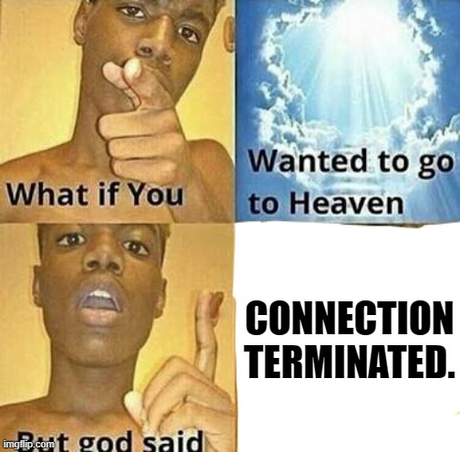 O H  N O |  CONNECTION TERMINATED. | image tagged in what if you wanted to go to heaven,fnaf 6,fnaf | made w/ Imgflip meme maker
