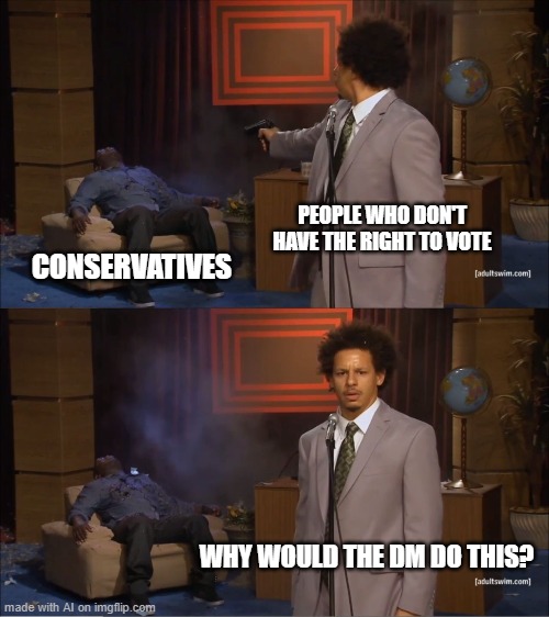 AI meme: The DM? Dungeon Master? Is this DnD? Did we get politics into DnD, AI? Agree or not, this will get interesting! | PEOPLE WHO DON'T HAVE THE RIGHT TO VOTE; CONSERVATIVES; WHY WOULD THE DM DO THIS? | image tagged in memes,who killed hannibal,ai meme,dungeons and dragons,votes,conservatives | made w/ Imgflip meme maker