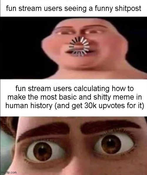 Titan calculating | fun stream users seeing a funny shitpost; fun stream users calculating how to make the most basic and shitty meme in human history (and get 30k upvotes for it) | image tagged in titan calculating | made w/ Imgflip meme maker