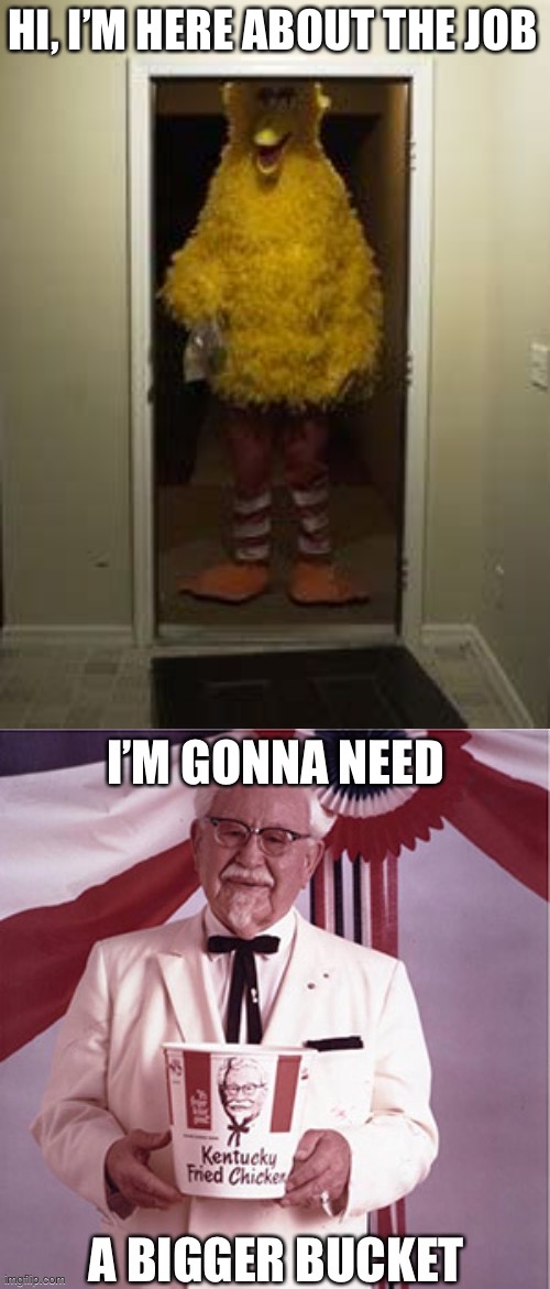 When a big Bird met the Colonel | HI, I’M HERE ABOUT THE JOB | image tagged in big bird door,kfc,colonel sanders,bucket,going to need a bigger boat | made w/ Imgflip meme maker