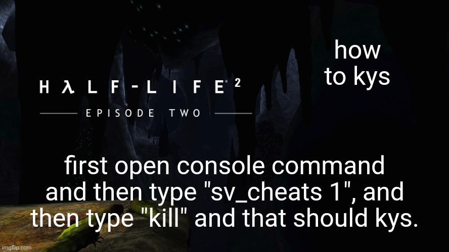 Hλlf-Life 2 ep2 | how to kys; first open console command and then type "sv_cheats 1", and then type "kill" and that should kys. | image tagged in h lf-life 2 ep2 | made w/ Imgflip meme maker