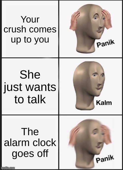 day 1 of generic memes |  Your crush comes up to you; She just wants to talk; The alarm clock goes off | image tagged in memes,panik kalm panik,crush,alarm clock | made w/ Imgflip meme maker