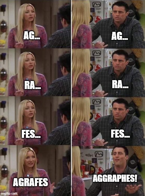 Joey Friends French | AG... AG... RA... RA... FES... FES... AGGRAPHES! AGRAFES | image tagged in joey friends french | made w/ Imgflip meme maker