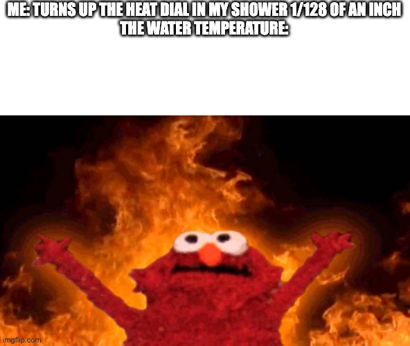 Takes "hot water" a little too seriously |  ME: TURNS UP THE HEAT DIAL IN MY SHOWER 1/128 OF AN INCH

THE WATER TEMPERATURE: | image tagged in elmo fire | made w/ Imgflip meme maker