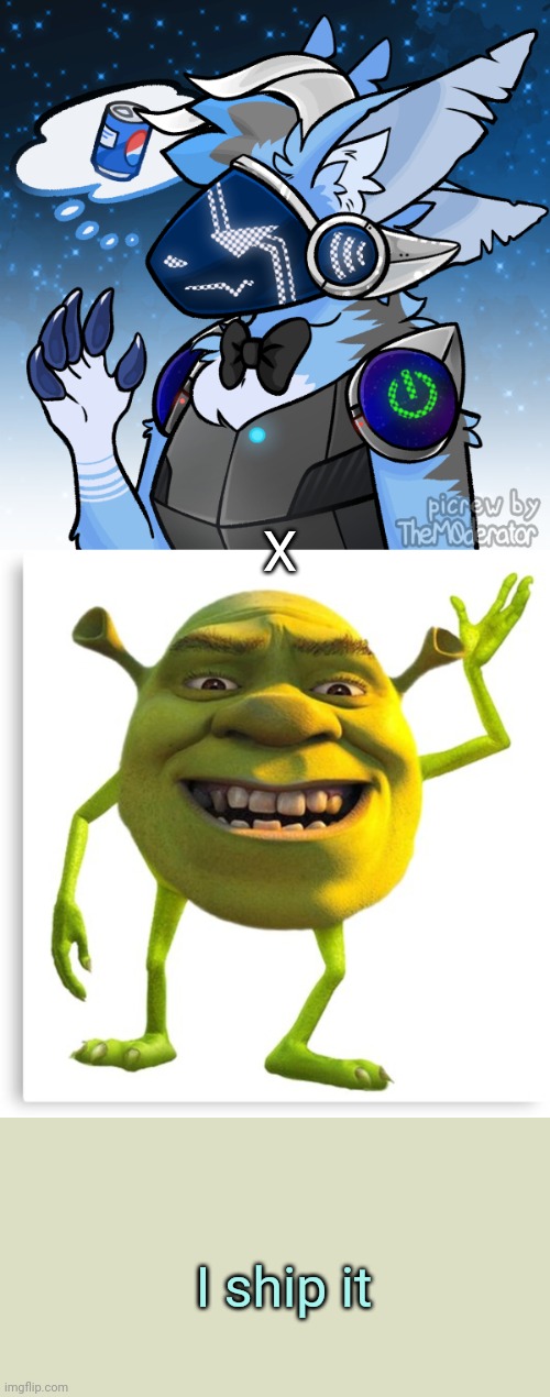 X I ship it | image tagged in elias the protogen,shreck | made w/ Imgflip meme maker