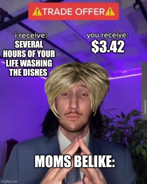 i receive you receive | $3.42; SEVERAL HOURS OF YOUR LIFE WASHING THE DISHES; MOMS BELIKE: | image tagged in i receive you receive | made w/ Imgflip meme maker