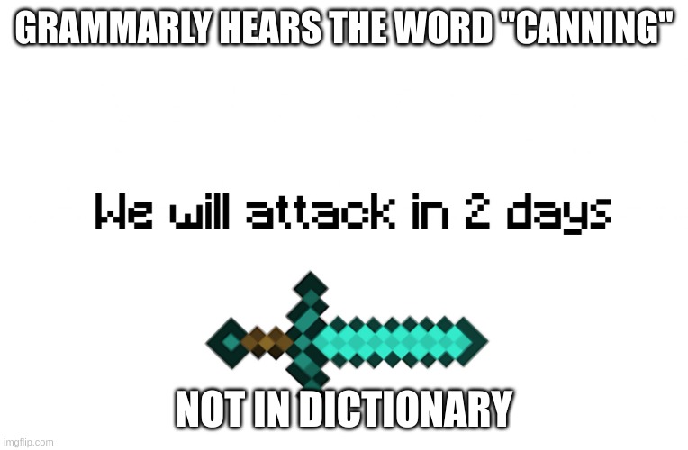 War | GRAMMARLY HEARS THE WORD "CANNING" NOT IN DICTIONARY | image tagged in war | made w/ Imgflip meme maker