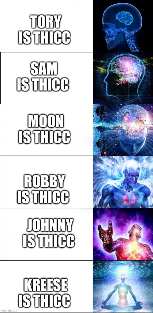 Galaxy Expanding Brain | TORY IS THICC; SAM IS THICC; MOON IS THICC; ROBBY IS THICC; JOHNNY IS THICC; KREESE IS THICC | image tagged in galaxy expanding brain | made w/ Imgflip meme maker
