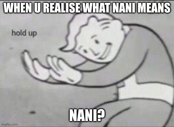 Fallout Hold Up | WHEN U REALISE WHAT NANI MEANS; NANI? | image tagged in fallout hold up,funny memes,waiting skeleton,the boiler room of hell | made w/ Imgflip meme maker
