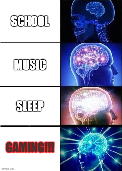 Expanding Brain Meme | SCHOOL; MUSIC; SLEEP; GAMING!!! | image tagged in memes,expanding brain | made w/ Imgflip meme maker