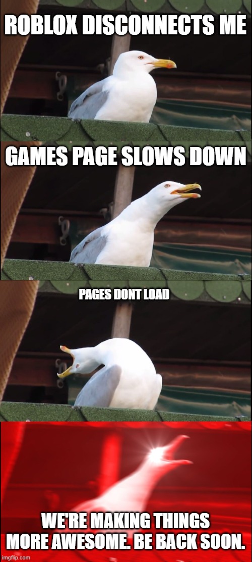 RIP Roblox | ROBLOX DISCONNECTS ME; GAMES PAGE SLOWS DOWN; PAGES DONT LOAD; WE'RE MAKING THINGS MORE AWESOME. BE BACK SOON. | image tagged in memes,inhaling seagull | made w/ Imgflip meme maker
