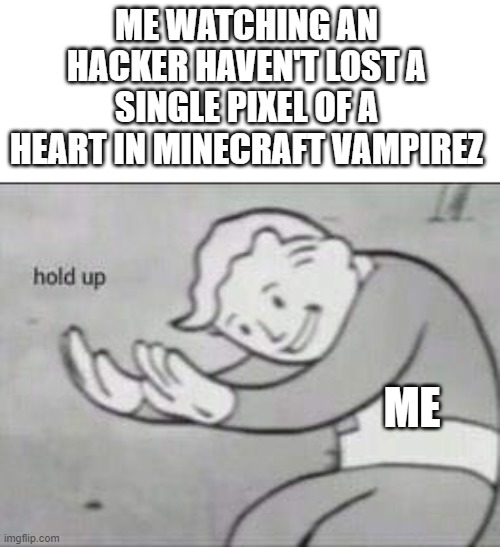 yo it's a hacker | ME WATCHING AN HACKER HAVEN'T LOST A SINGLE PIXEL OF A HEART IN MINECRAFT VAMPIREZ; ME | image tagged in fallout hold up | made w/ Imgflip meme maker