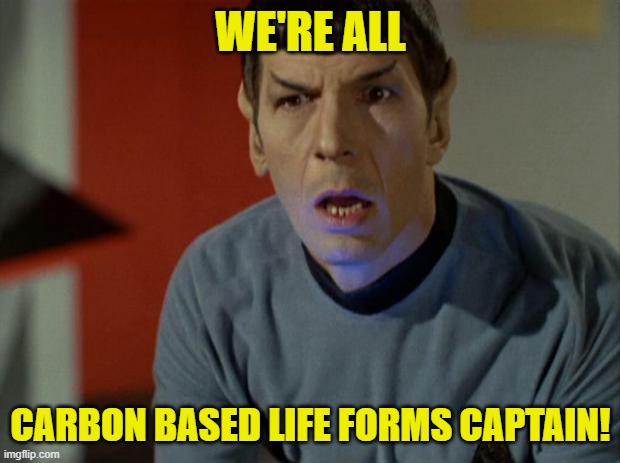 Shocked Spock  | WE'RE ALL CARBON BASED LIFE FORMS CAPTAIN! | image tagged in shocked spock | made w/ Imgflip meme maker