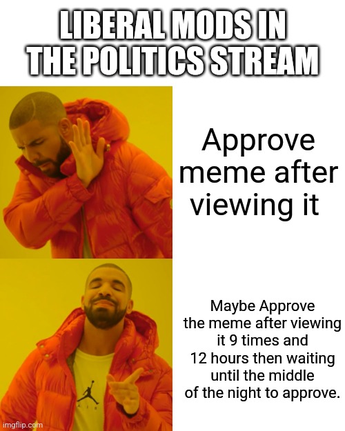Liberal bias on display | LIBERAL MODS IN THE POLITICS STREAM; Approve meme after viewing it; Maybe Approve the meme after viewing it 9 times and 12 hours then waiting until the middle of the night to approve. | image tagged in memes,drake hotline bling | made w/ Imgflip meme maker