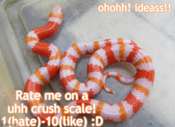 get it? scale? snake? :DDD | ohohh! ideass!! Rate me on a uhh crush scale! 1(hate)-10(like) :D | image tagged in snekkk | made w/ Imgflip meme maker