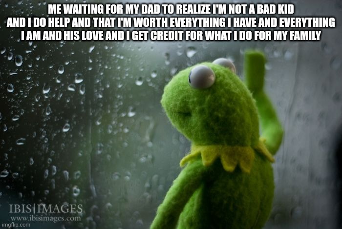 My life | ME WAITING FOR MY DAD TO REALIZE I'M NOT A BAD KID AND I DO HELP AND THAT I'M WORTH EVERYTHING I HAVE AND EVERYTHING I AM AND HIS LOVE AND I GET CREDIT FOR WHAT I DO FOR MY FAMILY | image tagged in kermit window | made w/ Imgflip meme maker
