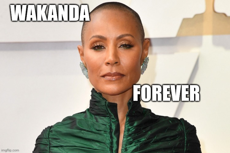 Jada Pinkett Wakanda Forever | image tagged in wakanda forever,oscars,wakanda,bald,will smith | made w/ Imgflip meme maker