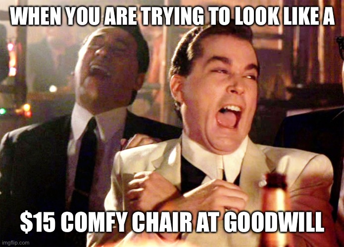 Good Fellas Hilarious Meme | WHEN YOU ARE TRYING TO LOOK LIKE A $15 COMFY CHAIR AT GOODWILL | image tagged in memes,good fellas hilarious | made w/ Imgflip meme maker