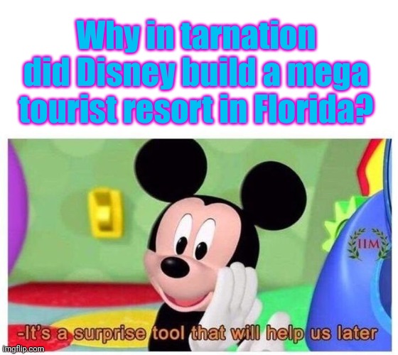 Woke Mickey | Why in tarnation did Disney build a mega tourist resort in Florida? | image tagged in it's a surprise tool that will help us later,florida,disney | made w/ Imgflip meme maker