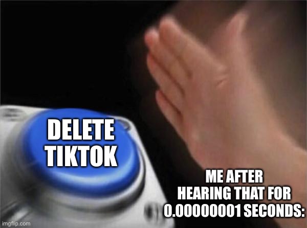 H | DELETE TIKTOK; ME AFTER HEARING THAT FOR 0.00000001 SECONDS: | image tagged in memes,blank nut button | made w/ Imgflip meme maker