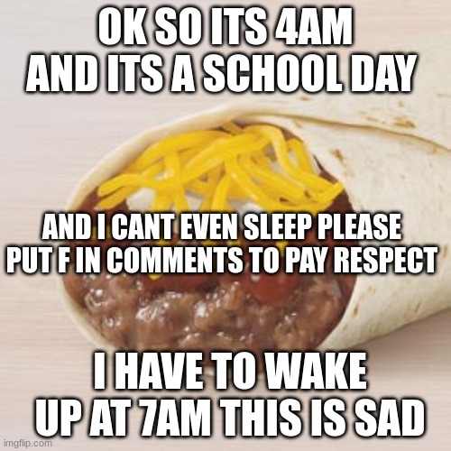 Help me |  OK SO ITS 4AM AND ITS A SCHOOL DAY; AND I CANT EVEN SLEEP PLEASE PUT F IN COMMENTS TO PAY RESPECT; I HAVE TO WAKE UP AT 7AM THIS IS SAD | image tagged in beans,help me | made w/ Imgflip meme maker
