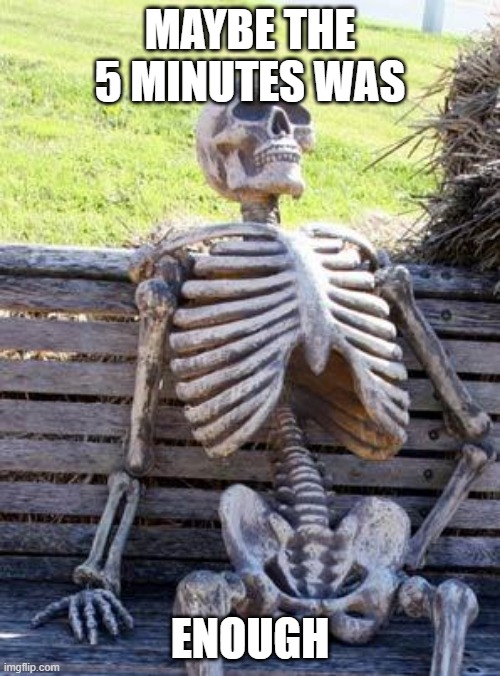 Waiting Skeleton | MAYBE THE 5 MINUTES WAS; ENOUGH | image tagged in memes,waiting skeleton | made w/ Imgflip meme maker