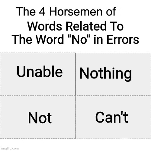 Four horsemen | Words Related To The Word "No" in Errors; Nothing; Unable; Can't; Not | image tagged in four horsemen,error | made w/ Imgflip meme maker