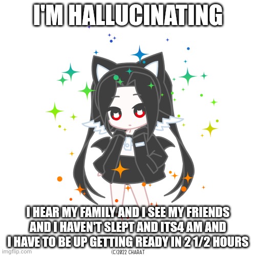 Charat.me oc | I'M HALLUCINATING; I HEAR MY FAMILY AND I SEE MY FRIENDS AND I HAVEN'T SLEPT AND ITS4 AM AND I HAVE TO BE UP GETTING READY IN 2 1/2 HOURS | image tagged in charat me oc | made w/ Imgflip meme maker