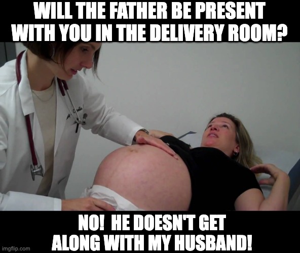 father | WILL THE FATHER BE PRESENT WITH YOU IN THE DELIVERY ROOM? NO!  HE DOESN'T GET ALONG WITH MY HUSBAND! | image tagged in pregnant doctor appointment | made w/ Imgflip meme maker