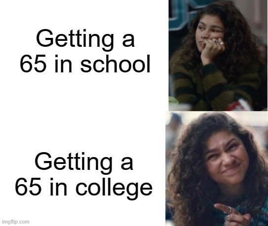 Pretty much | Getting a 65 in school; Getting a 65 in college | image tagged in zendaya drake meme | made w/ Imgflip meme maker