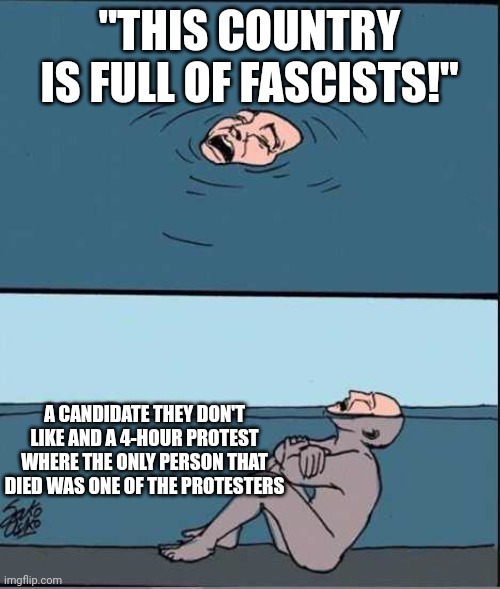 Lefties be like... Oh and let's not forget their lockdowns and mandates | "THIS COUNTRY IS FULL OF FASCISTS!"; A CANDIDATE THEY DON'T LIKE AND A 4-HOUR PROTEST WHERE THE ONLY PERSON THAT DIED WAS ONE OF THE PROTESTERS | image tagged in crying guy drowning | made w/ Imgflip meme maker