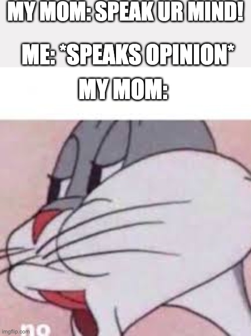 When u speak ur opinion- |  MY MOM: SPEAK UR MIND! ME: *SPEAKS OPINION*; MY MOM: | image tagged in no bugs bunny | made w/ Imgflip meme maker