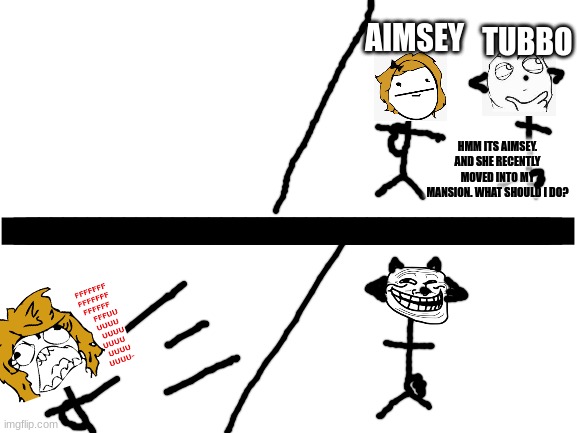 Based on recent lore events. (Yes i made this myself | TUBBO; AIMSEY; HMM ITS AIMSEY. AND SHE RECENTLY MOVED INTO MY MANSION. WHAT SHOULD I DO? _____________________________________________ | image tagged in blank white template,troll face,aimsey,tubbo,dream smp | made w/ Imgflip meme maker