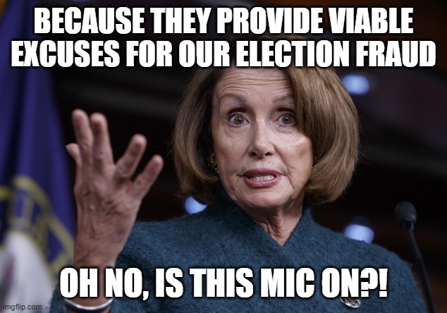 Good old Nancy Pelosi | BECAUSE THEY PROVIDE VIABLE EXCUSES FOR OUR ELECTION FRAUD OH NO, IS THIS MIC ON?! | image tagged in good old nancy pelosi | made w/ Imgflip meme maker