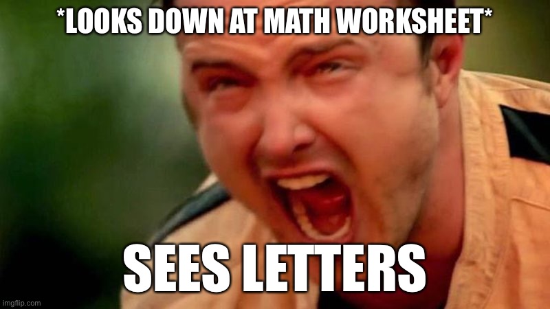 algebra be like: | *LOOKS DOWN AT MATH WORKSHEET*; SEES LETTERS | image tagged in memes,funny,screaming,math,messed up | made w/ Imgflip meme maker