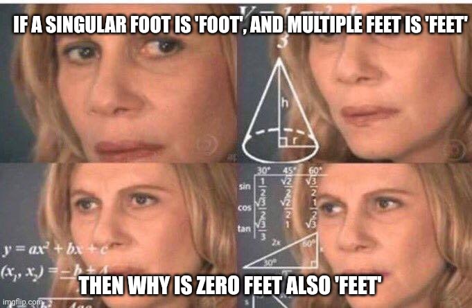 Grammerly help | IF A SINGULAR FOOT IS 'FOOT', AND MULTIPLE FEET IS 'FEET'; THEN WHY IS ZERO FEET ALSO 'FEET' | image tagged in math lady/confused lady | made w/ Imgflip meme maker
