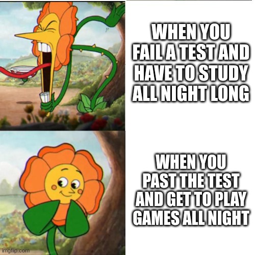 Cuphead Flower | WHEN YOU FAIL A TEST AND HAVE TO STUDY ALL NIGHT LONG; WHEN YOU PAST THE TEST AND GET TO PLAY GAMES ALL NIGHT | image tagged in cuphead flower,funny memes,memes | made w/ Imgflip meme maker