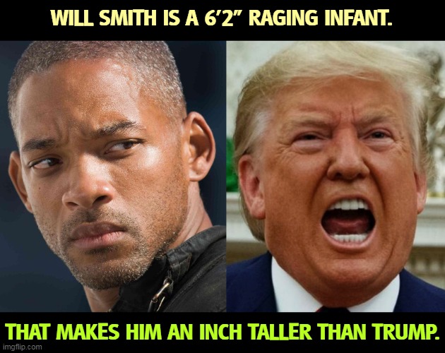 Otherwise.... | WILL SMITH IS A 6'2" RAGING INFANT. THAT MAKES HIM AN INCH TALLER THAN TRUMP. | image tagged in will smith,donald trump,angry baby,will smith punching chris rock,will smith slap | made w/ Imgflip meme maker