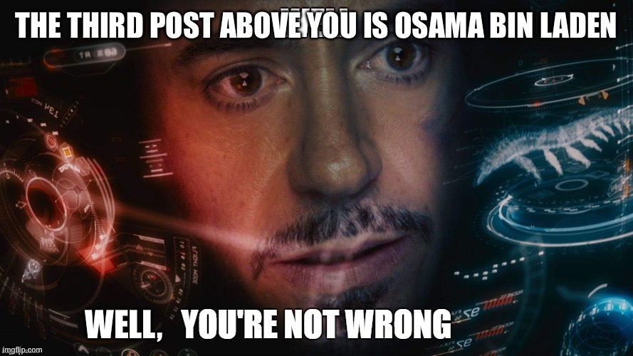 Well you're not wrong | THE THIRD POST ABOVE YOU IS OSAMA BIN LADEN WELL, | image tagged in well you're not wrong | made w/ Imgflip meme maker