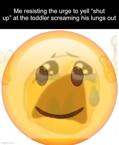 happy emoji on the outside, but crying on the inside | Me resisting the urge to yell “shut up” at the toddler screaming his lungs out | image tagged in happy emoji on the outside but crying on the inside | made w/ Imgflip meme maker