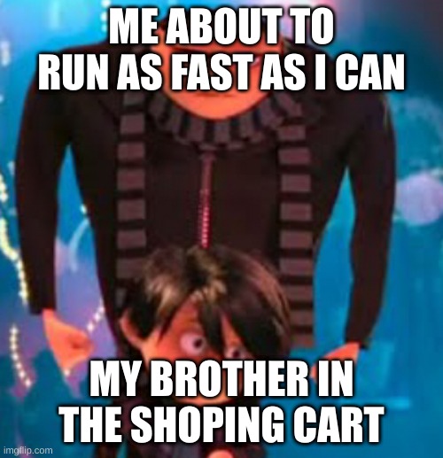 Relatable? |  ME ABOUT TO RUN AS FAST AS I CAN; MY BROTHER IN THE SHOPING CART | image tagged in gru staring at antonio,shoping cart,me | made w/ Imgflip meme maker