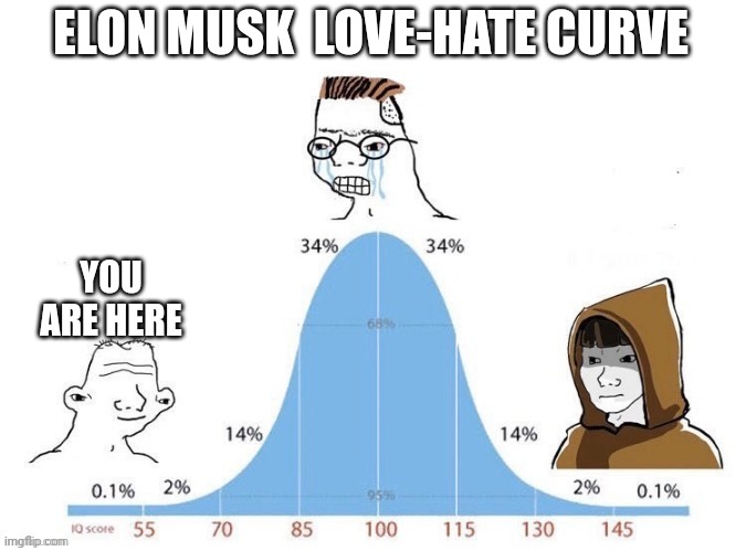 Elon love hate | ELON MUSK  LOVE-HATE CURVE; YOU ARE HERE | image tagged in bell curve | made w/ Imgflip meme maker