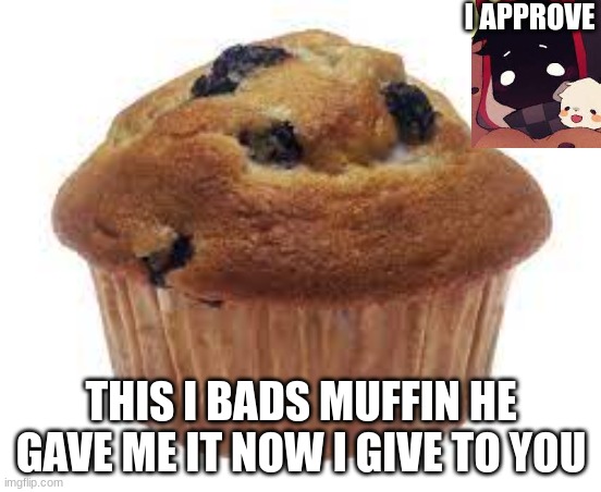 beanz | I APPROVE; THIS I BADS MUFFIN HE GAVE ME IT NOW I GIVE TO YOU | image tagged in muffin | made w/ Imgflip meme maker